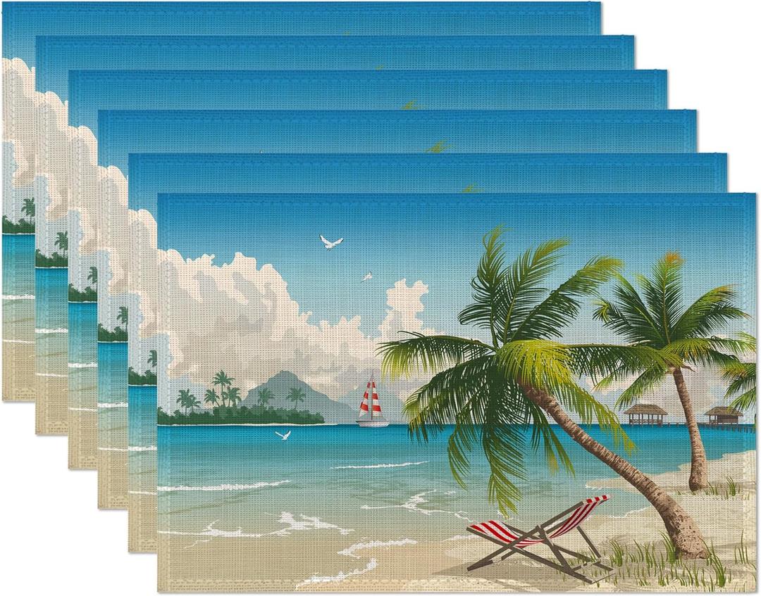 Tropical Beach Placemats Set of 6,Hawaii Palm Tree Placemats 12x18 Inch Waterproof Non-Slip Washable Table Mats for Kitchen Dining Party Table Decor,Set of 6
