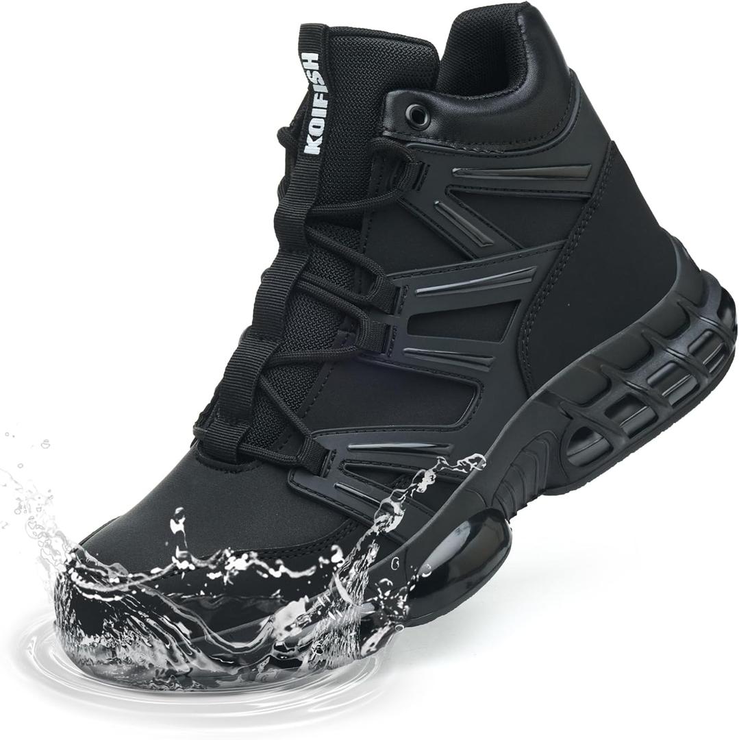 KOIFISH Steel Toe Work Boots for Men Women, Waterproof Lightweight Safety Boots, Steel Toe Shoes with Air Cushion, Comfortable for Industrial Construction Warehouse Factory Logistics Work (10.5 Women/9 Men, Black)