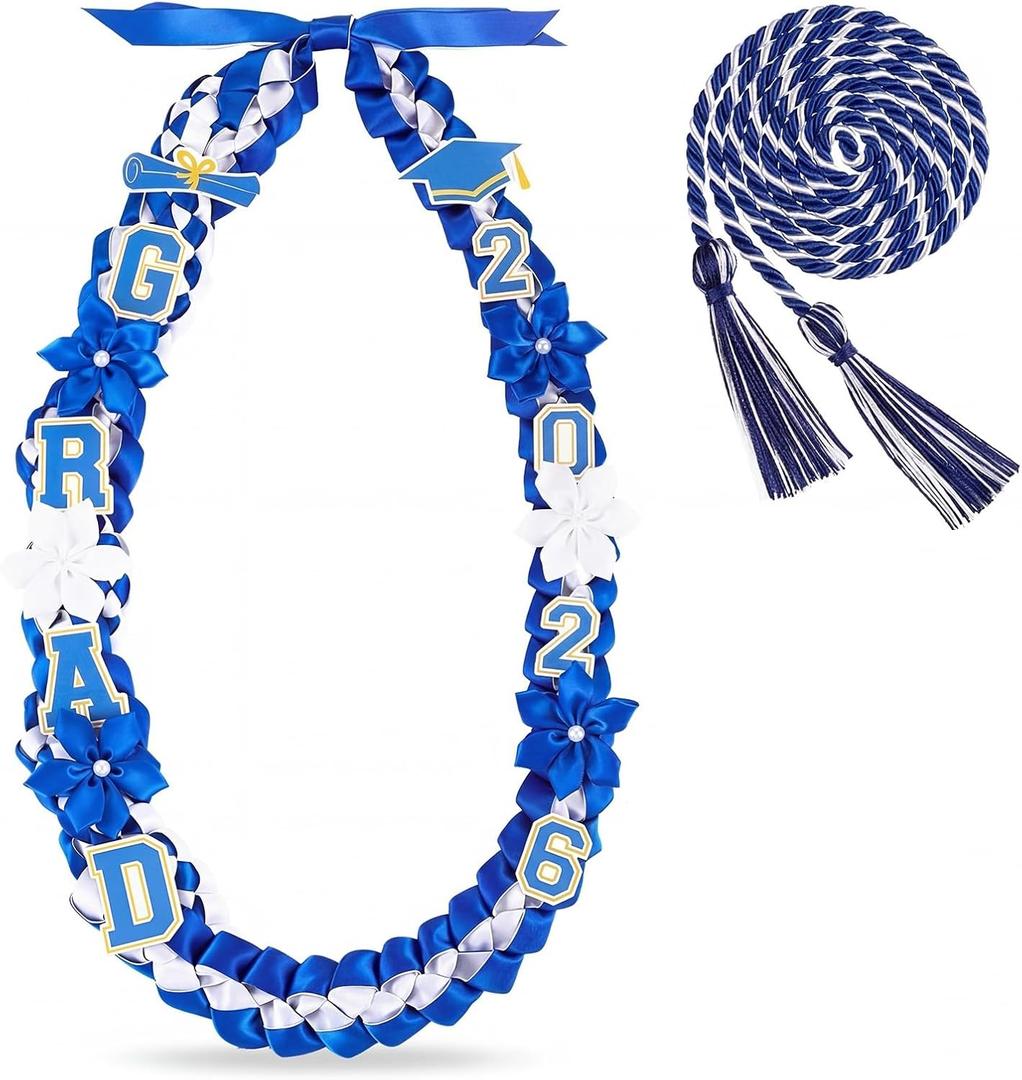 Thiccywoov Graduation Ribbon Lei Class of 2026 Grad Lei Kit Graduation Double Braided Necklace with Honor Cord for Graduate Women Men High School College Grad Party Supplies(Blue, White)