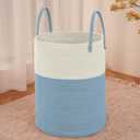 JMvicyroam Large Woven Laundry Basket Hamper,80L Cotton Rope Storage Bin for Blankets,Toys and Clothes,Decorative Tall Nursery Hamper for Living Room,Baby Nursery,Bathroom and Bedroom,White and Blue
