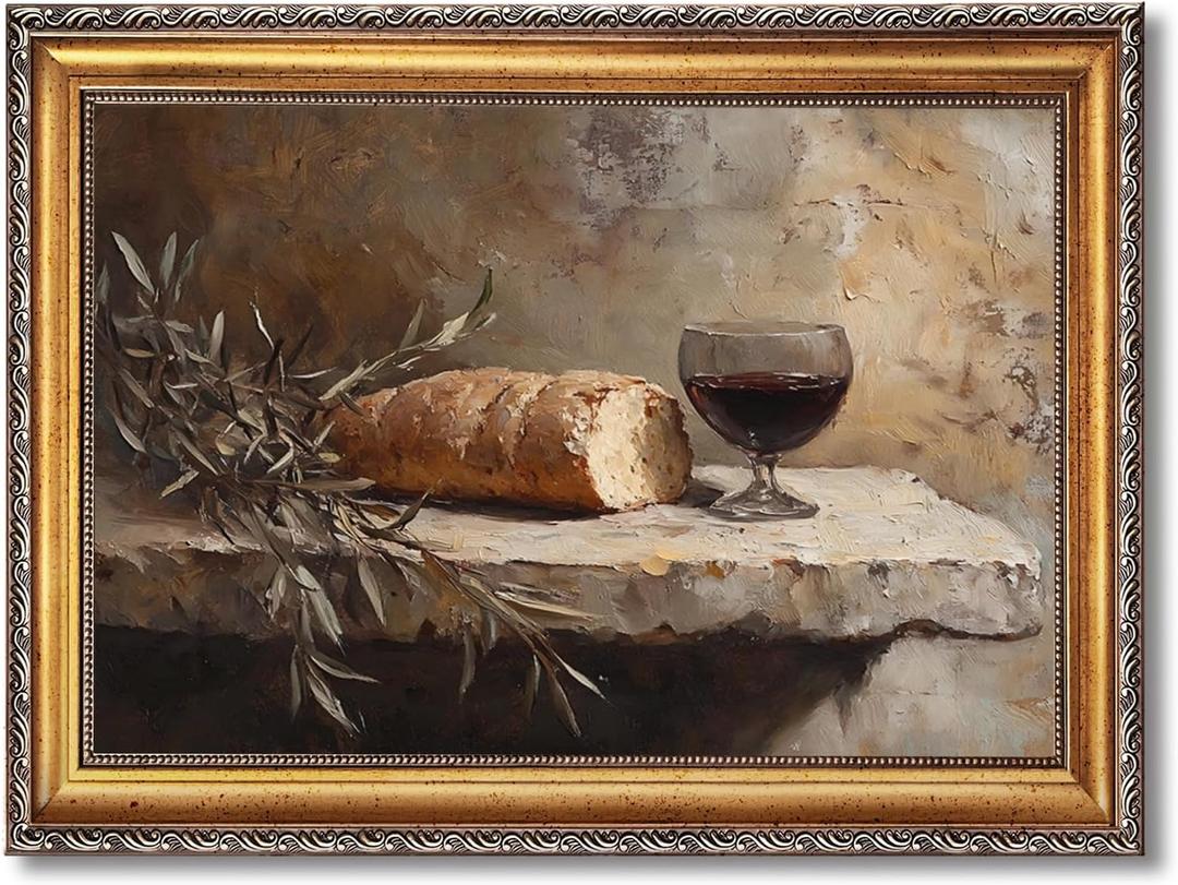 RINMFEO Golden Frame Last Supper Communion Canvas Art Christian Wall Painting Bread and Wine Still Life Religious Artwork Easter Home Decor Faith Based Presentation 12x16inch