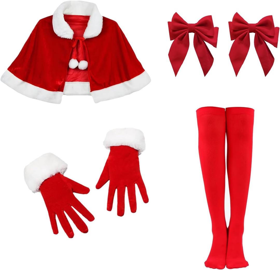 Christmas Cape with Thigh Highs Socks Gloves 5PCS Velvet Mrs Claus Costume for Women,Santa Outfit Women for Christmas Party