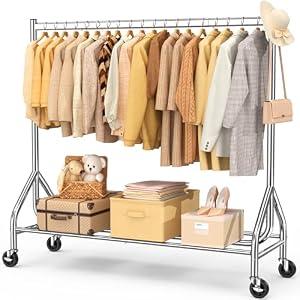 EAGMAK Heavy Duty Clothes Rack Load 420 LBS, Rolling Garment Rack with Lockable Wheels, Standing Metal Clothing Rack, Portable Wardrobe Sturdy Coat Rack for Hanging Clothes (Silver, 59″×18.9″×63″)