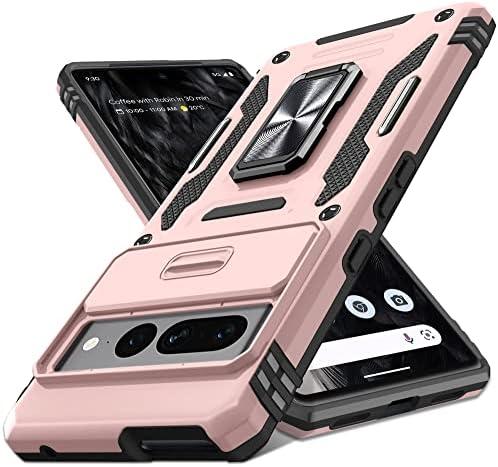 DEERLAMN Case for Google Pixel 7 Pro with Slide Camera Cover,[Full Camera Protection] [Magnetic Rotated Kickstand] Military Grade Shockproof Heavy Duty Protective Cover-Rose Gold