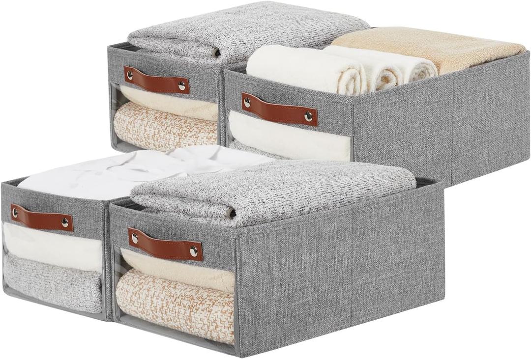 Medium Storage Baskets with Clear Window, See Through Closet Organizer with PU Handles, Linen Foldable Storage Bins for Organizing Clothes, Toys, Books (Gray) (Medium-16"x11"x7")