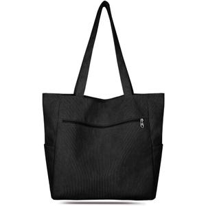 Kememo Corduroy Tote Bag for Women with Zipper, Large Shoulder Bag Handbag for Work School Shopping Travel Gym Vacation (Grey)