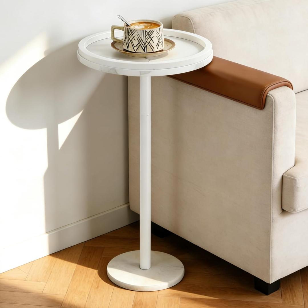 smusei Small Drink Table with Marble Base Round Side Table for Small Spaces Pedestal Side Table with Anti-Fall Guard for Living Room Bedroom Home Decor, White