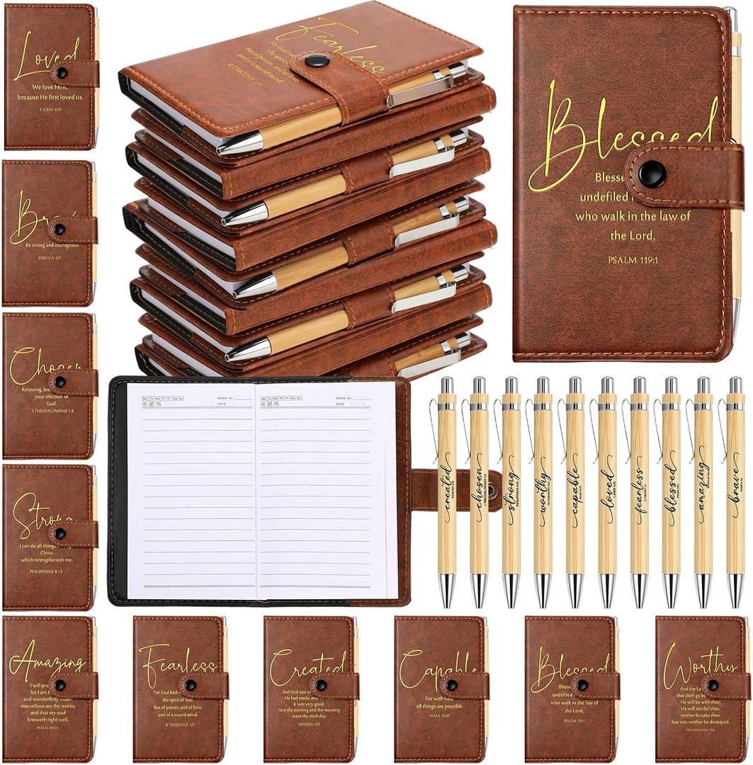 Spakon 60 Pcs Mother's Day Christian Gifts Bulk Leather Prayer Journal Religious Scripture Notebook with Bible Verse Pens for Graduation Coworker Women Men Church Members (English Bible Words)