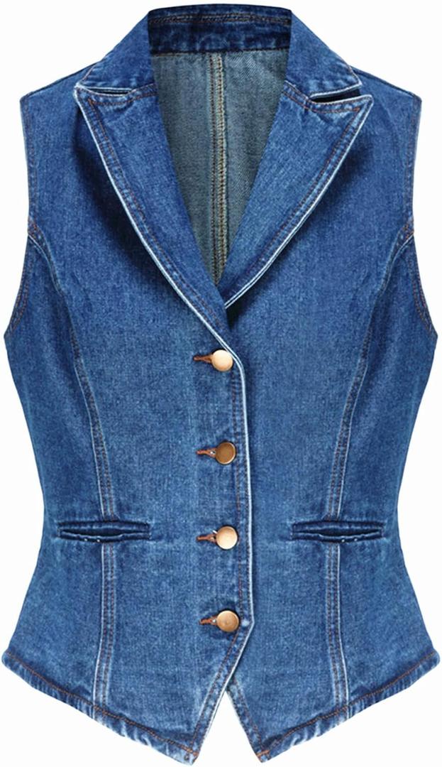 Ladyful Lapel Denim Vest for Women Sleeveless Business Work Jean Waistcoat Vest (Large, B-medium Blue)