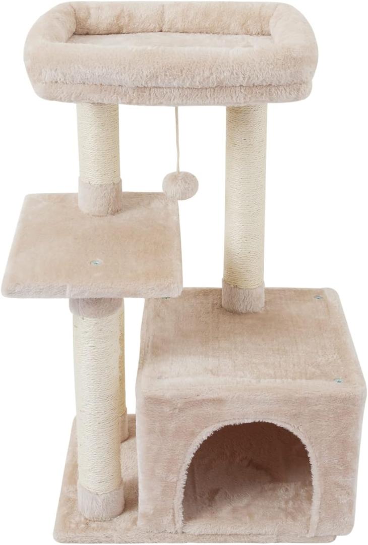 PEQULTI Cat Tree C
at Tower for Indoor Cats with Private Cozy Cat Condo, Natural Sisal Scratching Posts and Plush Pompom for Small Cats,Beige