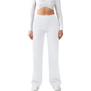 JEKAOYI Womens Casual High Waist Straight Leg Pants Stretchy Button Business Dress Work Pocket Trousers (White, M)