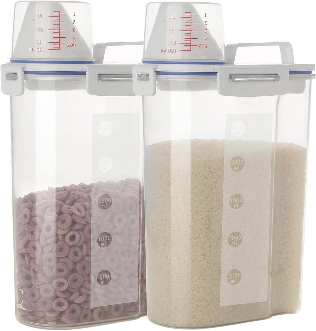 2 Pcs 5.5 LB Rice Storage Container, Airtight Cereal Flour Dispenser with Pouring Spout & Measuring Cup, Kitchen Plastic Clear Dry Food Storage Bin for Grain Oatmeal Snacks Pet Dog Food