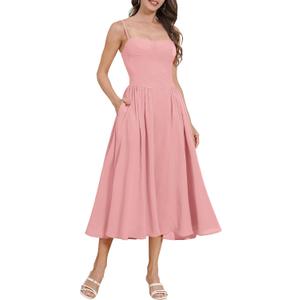 ODIZLI Womens Corset Dress Summer Sundress Spaghetti Straps Low Cut Bustier Cami Midi Dress with Pockets Solid/Floral Print (Pink, S)