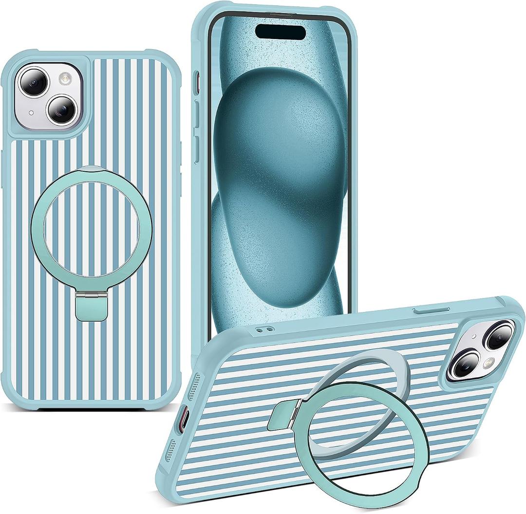 Compatible with Striped iPhone 15 Case with Stand,6.1" Blue