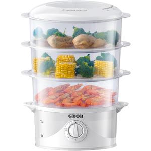 GDOR 3 Tier Electric Food Steamer for Cooking, 800W Vegetable Steamer for Fast Simultaneous Cooking, Dishwasher Safe, Boil Dry Protection, 60-Minute Timer, BPA-Free, 9.6 QT, White