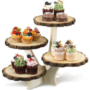 Chunful 4 Tier Round Natural Wood Cupcake Dessert Stand, Cup Cake Tower Stand Holder, Wooden Cake Display Tiered Centerpiece for Party, Birthday, Wedding, Baby Shower, Holiday Decoration