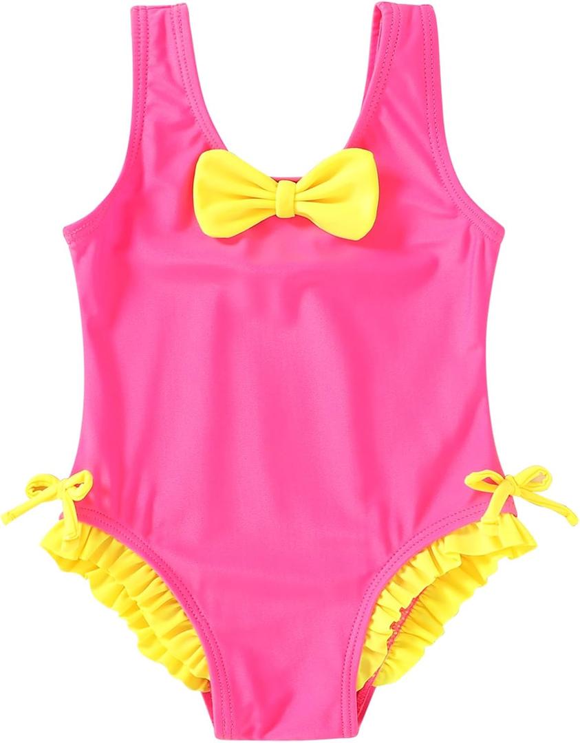 YOUNGER TREE Toddler Swimsuit Girl Cute Stripe One-Piece Ruffle Swimwear Baby Girl Bathing Suits with Bow (3-4T, Hot Pink and Yellow Bow)