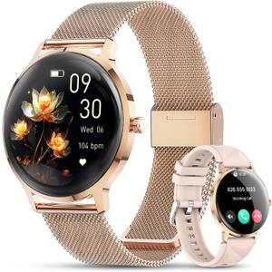 WalkerFit Smart Watch for Women iPhone & Android, 1.32" AMOLED Curved Screen Fitness Tracker with Bluetooth Call, Wireless Charging, IP68 Waterproof, Heart Rate/Sleep Monitor/123+ Modes Champagne Gold