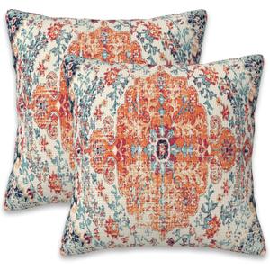 Throw Pillow Covers Boho Orange Pillow Covers 16x16 Inch Set of 2 Rug Boho Style Ethnic Floral Throw Pillows Decorative Pillow Cases Cushion Covers for Bedroom Livingroom Sofa Farm House
