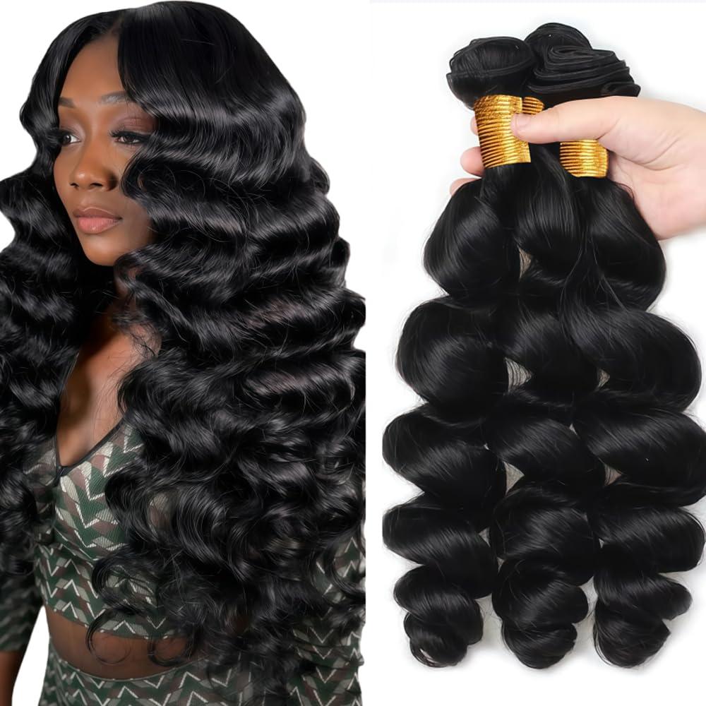 Human Hair Bundles Loose Wave Bundles Human Hair 28 30 32 inch Natural Black Color Loose Deep Wave Bundle Grade 8A Remy #1B Black Bundle