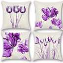 Outdoor Spring Floral Pillow Covers 18x18, Purple Living Room Couch Sofa Tulip Flower Pillow Garden Cushion Covers Summer Cushion Case for Home Secoration, 4 Pack