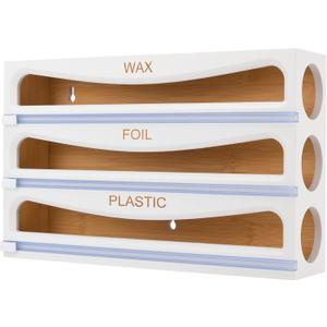 Bamboo Wrap Dispenser with Cutter, Plastic Wrap Organizer, Aluminum Foil Organization, and Wax Paper Dispenser Holder for Kitchen Drawer and Wall, Compatible with 12" Roll (02 White)