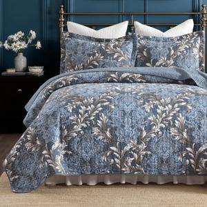 100% Cotton Elegant Floral King Quilt Set, Dusty Blue & Gray 3-Pcs | Luxury Farmhouse Bedding Set with 2 Pillow Shams, Reversible Damask Bedspread Coverlet, Lightweight & Soft for All Season