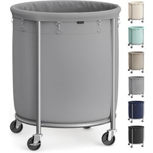SONGMICS 50.2-Gallon (190 L) Laundry Basket with Wheels, Rolling Round Heavy-Duty Laundry Hamper Cart with Steel Frame and Removable Bag, 2 Locking Wheels, Gray and Metallic Silver URLS001G01