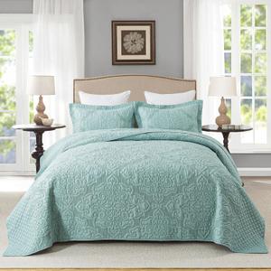 Travan 3-Piece King Quilt Set Quilted Bedspread Oversized Microfiber Lightweight Bedspread Coverlet Set with Shams Bedding Set for All Season, Blue, King