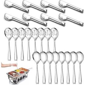 24 Pack Stainless Steel Large Serving Utensils Set - 10" Serving Spoons x 8, 10" Slotted Spoons x 8, and 9" Serving Tongs x 8 by Teivio, for Buffet, Chafing Dish, Catering Supplies (Silver)