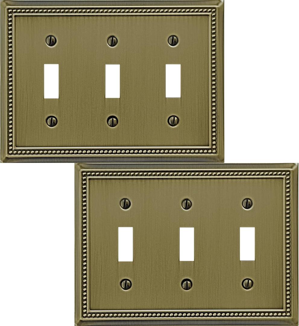 OKAWYC Triple Toggle Light Switch Cover Belaire Beaded Metal Wall Plate, 2-Pack Antique Brass 3 Gang, for Light Switch Cover Decorative Wallplate, Durable,3 Toggle, Antique Brass