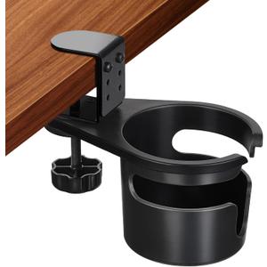 MYITYARD Desk Cup Holder Clamp, Anti-Spill Clip On Table Cup Holder, Rotatable Water Bottle Stand Drink Coffee Mug Storage, Office Accessories for Home and School (Black)