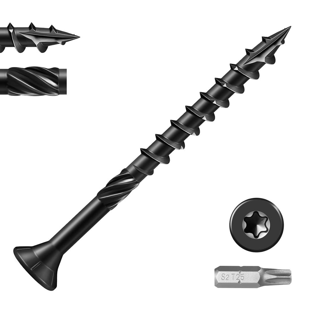 #10 Deck Screws 3-1/2 Inch Exterior Decking Wood Screws Heavy-Duty Outdoor Torx Drive Head, Black Rust Resistant Epoxy Coated for Timber,Fence,T25 Star Bit (1Ib,48Pcs)