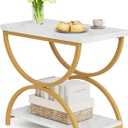 LITTLE TREE 2 Tiers End Side Table with C-Shapped Metal Frame, Faux Marble Chairside Tables Living Room, 2-Tier Nightstand Bedside Table for Bedroom (15.75 D x 23.62 W x 23.62 H Inch, White Faux Marble)