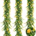 RECUTMS Hanging Garland Plants Artificial Eucalyptus Garland Fake Hanging Eucalyptus Leaf Garlands with Flowers Faux Vine Plants for Indoor Outdoor Autumn Thanksgiving Wall Arch Wedding Decor(Yellow)