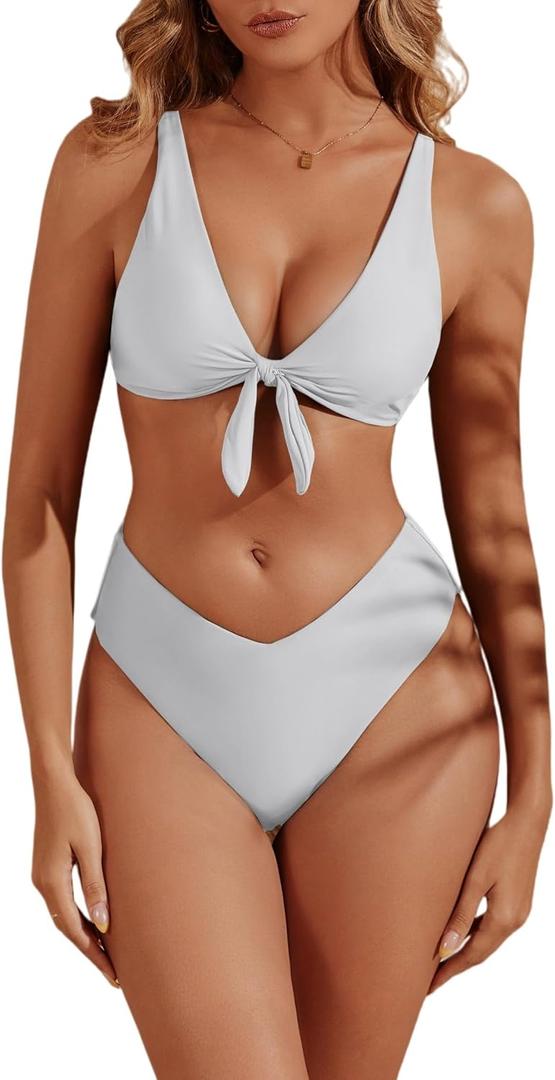 geluboao Bikini Sets for Women High Waisted Two Piece Swimsuit Sexy V Neck Tie Kont Push Up High Cut Bathing Suit (White, L)