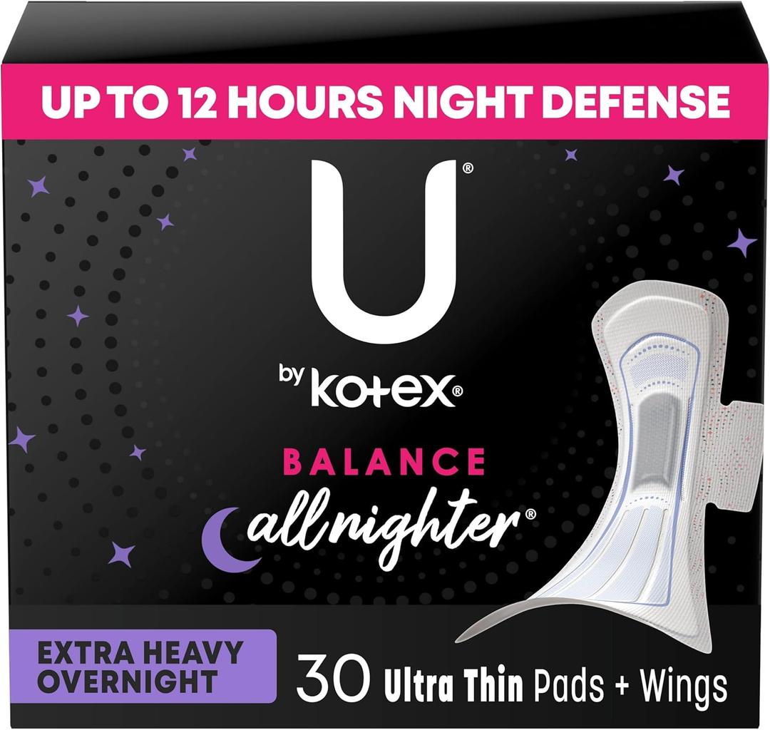 U by Kotex Balance Pads with Wings, Ultra Thin, Overnight, Extra Heavy Absorbency, 30 Count