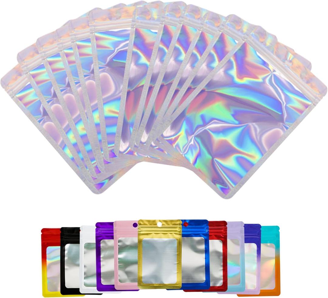 100 Pieces Holographic Resealable Mylar Holographic Bags Food Storage Smell Proof Bags with Front Window Packaging Pouch for Cookies Sample Jewelry Snack,5.12 * 8.27 inches