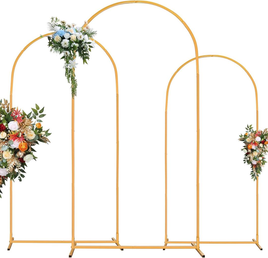 Arch Backdrop Stand, Set of 3 Gold Metal Arch Stand Wedding Arch Frame 7.2FT, 6.6FT, 6FT Square Balloon Arch Stand for Birthday Party Baby Shower Wedding Graduation Ceremony Decoration