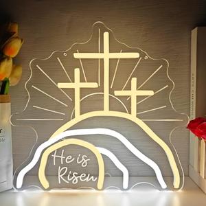 hhuohuona Empty Tomb Easter Neon Sign Dimmable He Is Risen Led Sign Christian Resurrection Cross Neon Lights Calvary Light Up Jesus Nativity Scene Religious Wall Decor