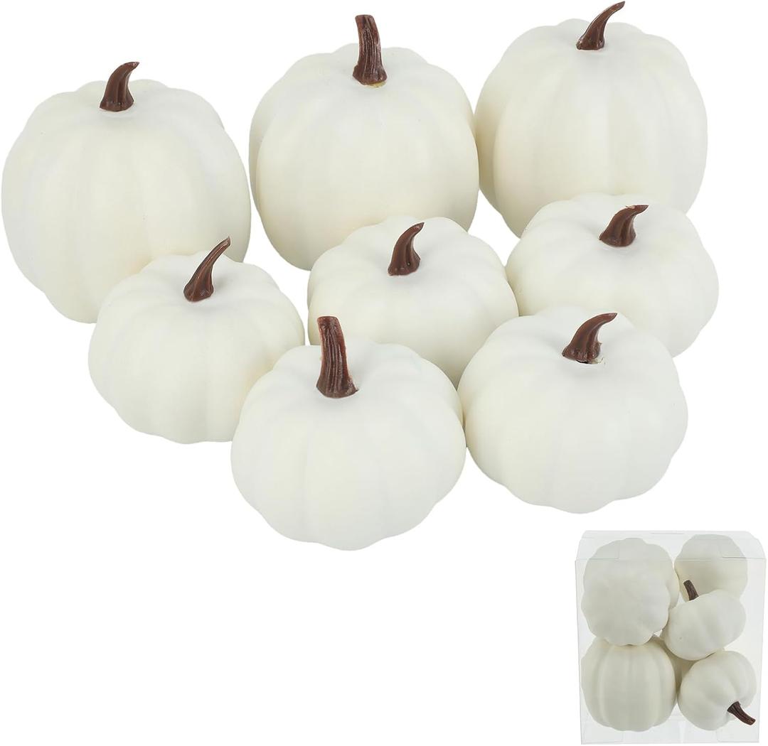 Fake Pumpkins, 8 Pcs White Artificial Pumpkins, Plastic Pumpkins for Thanksgiving Party Table Centerpiece Autumn Home Decoration-A