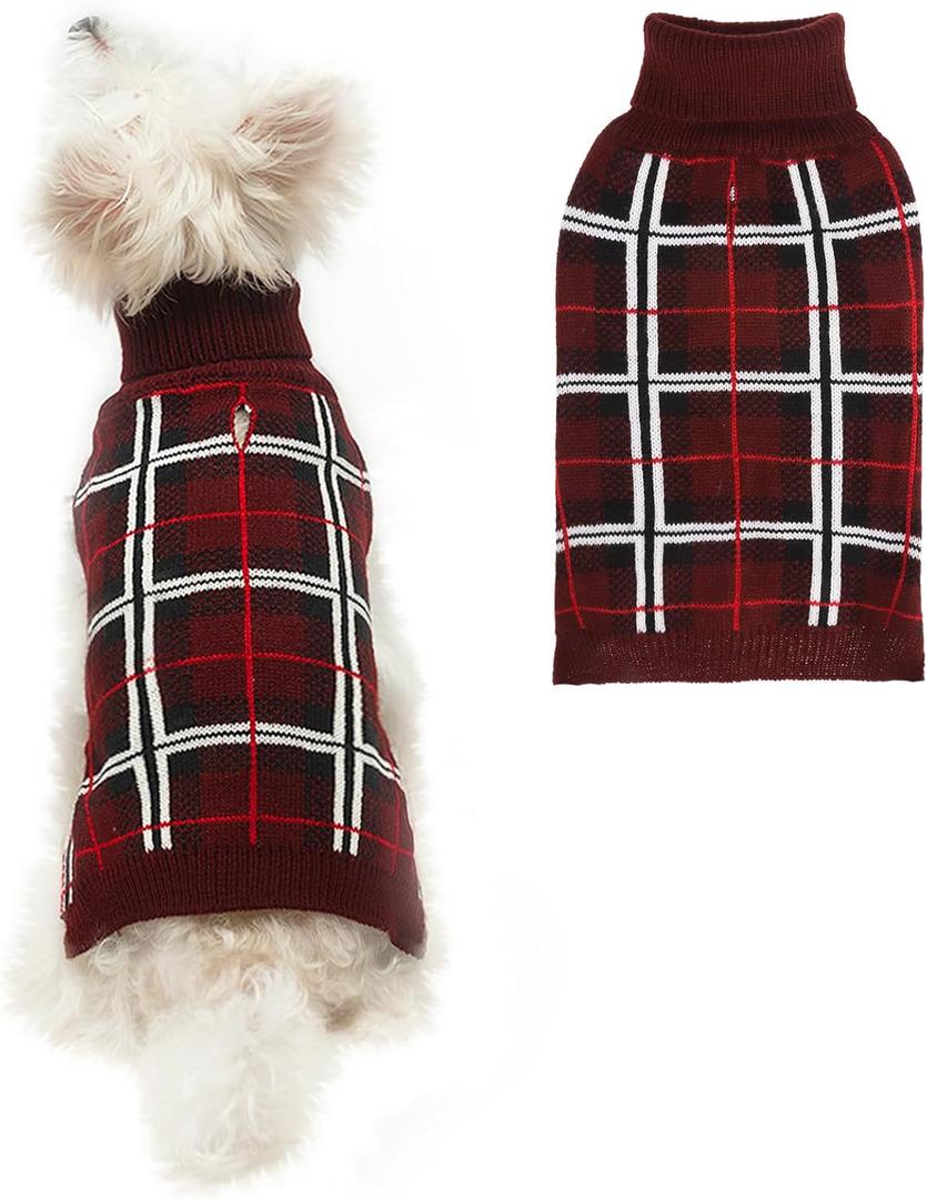 PUPTECK Dog Christmas Sweaters for Large Medium Small Dogs - Fall Classic Plaid Style Puppy Holiday Winter Coat Clothes Warm, Deep Red, S (S - Chest 16", Back 12")