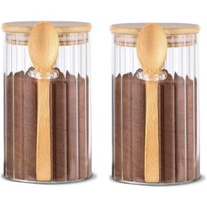 Steviieden 24 FL OZ Airtight Glass Jars with Bamboo Spoons Lids Overnight Oats Container Decorative Coffee Bar Food Storage Jar Cereal Nuts Salts Coffee Tea Flour Sugar Container Spice Jars (2Pack)