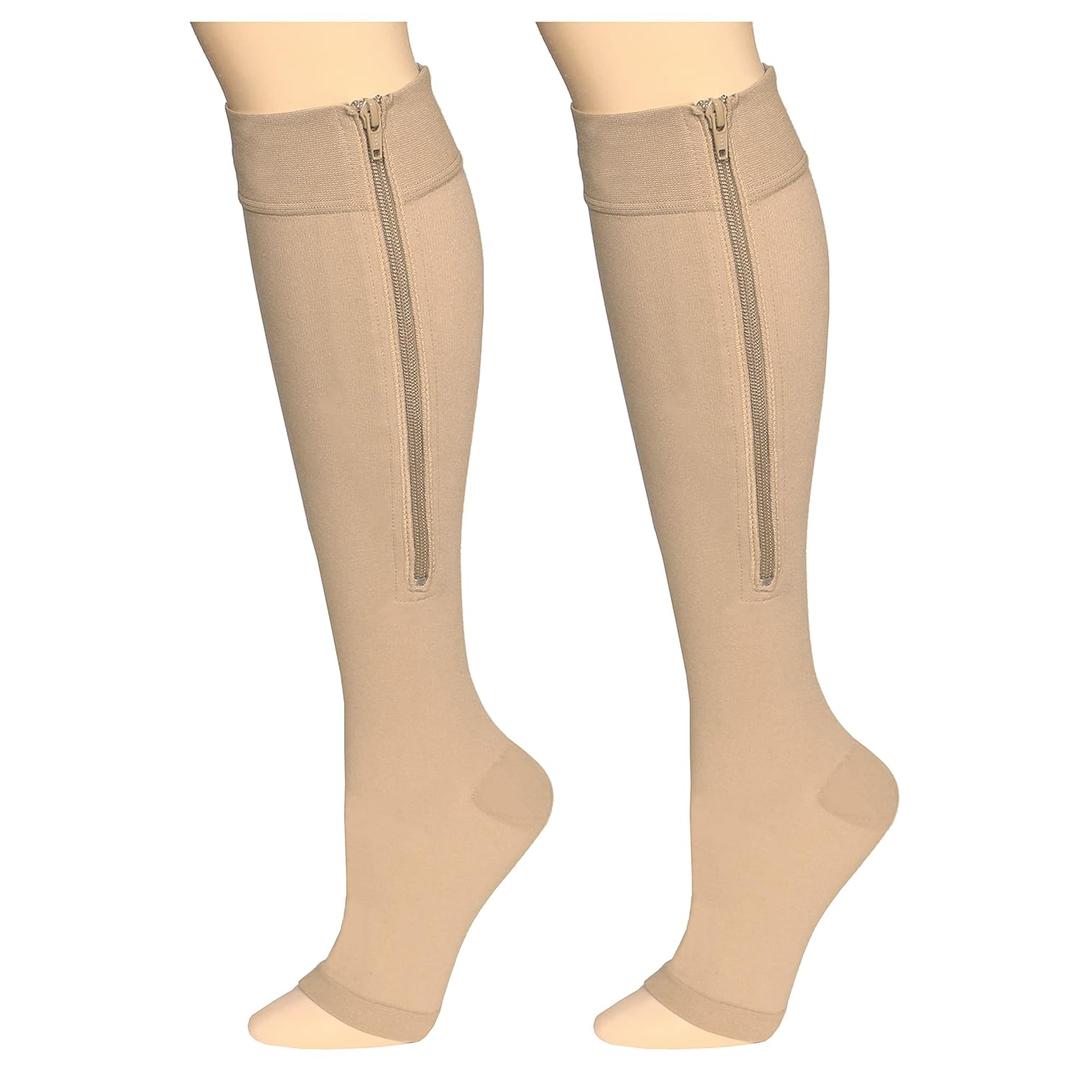 Truform Zipper Compression Stockings, 15-20 mmHg Medical Socks, Women and Men, Knee High, Open Toe, Beige, Small
