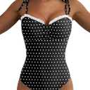 Herseas Womens Striped One Piece Swimsuits Tie Shoulder High Cut Tummy Control Bathing Suit 2026 Summer Beach Swimwear (XX-Large, Black With White Dots)