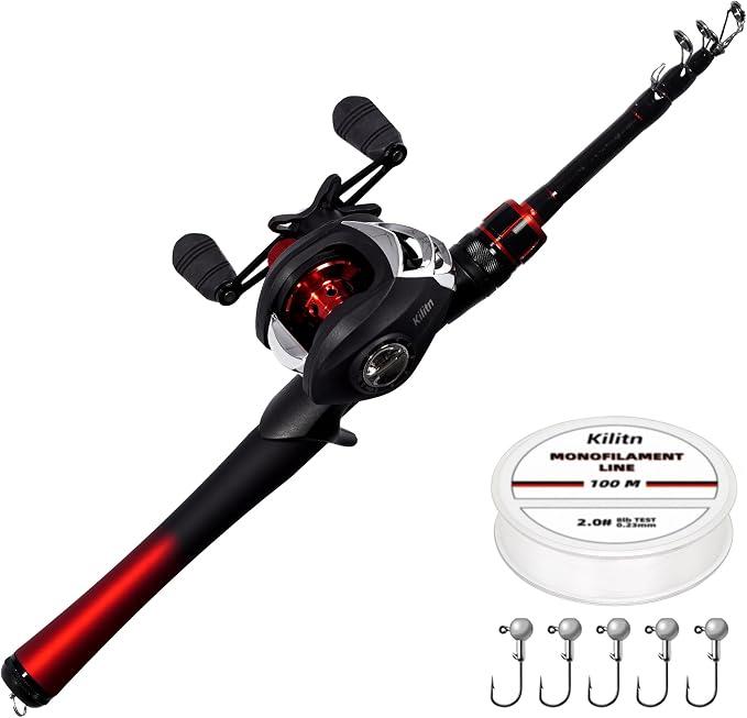 Kilitn Fishing Rod and Reel Combo, Baitcasting Combo Baitcast Reel 5 Foot Durable Fiberglass Telescopic Rod with Fishing Line Full Kits Comfortable Handle, Left
