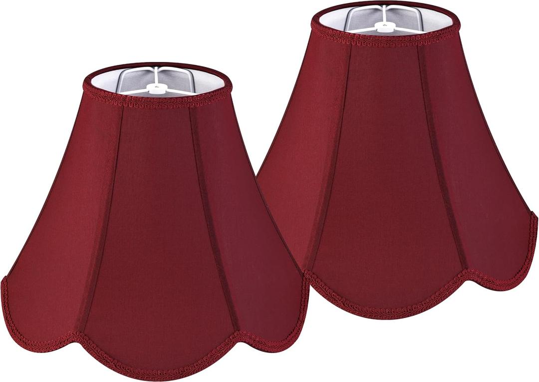 GO&SO Set of 2 Burgundy Bell Lamp Shades Scalloped Lamp Shade Petal Edge Braid 6"Top x 13"Bottom x 10.6"High (Spider) Silk Fabric Lampshades for Floor Lamp,Handmade DIY Table Lamp Shade Replacement (Red)