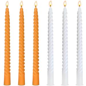 2 x 10 Inch 3 White and 3 Orange Spiral Taper Candle Set, Unscented Dripless Candlesticks for Fall Harvest Halloween Thanksginving, Holiday Dcor, and Festive Dinners