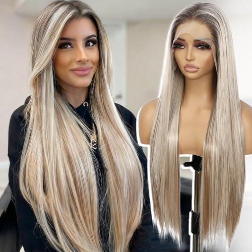 SAPPHIREWIGS Highlights Blonde 13x6 Synthetic Lace Front Wigs for Women Glueless Long Straight Wig Blonde Mixed Brown Color Heat Resistant Hair Daily Party Use 26 Inches
