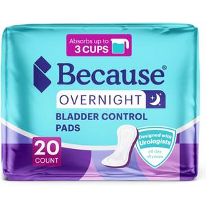 Because Overnight Incontinence Pads for Women Moderate-to-Heavy Absorbency for Nighttime Use, Long-Length Protection, 20 Count, New Version
